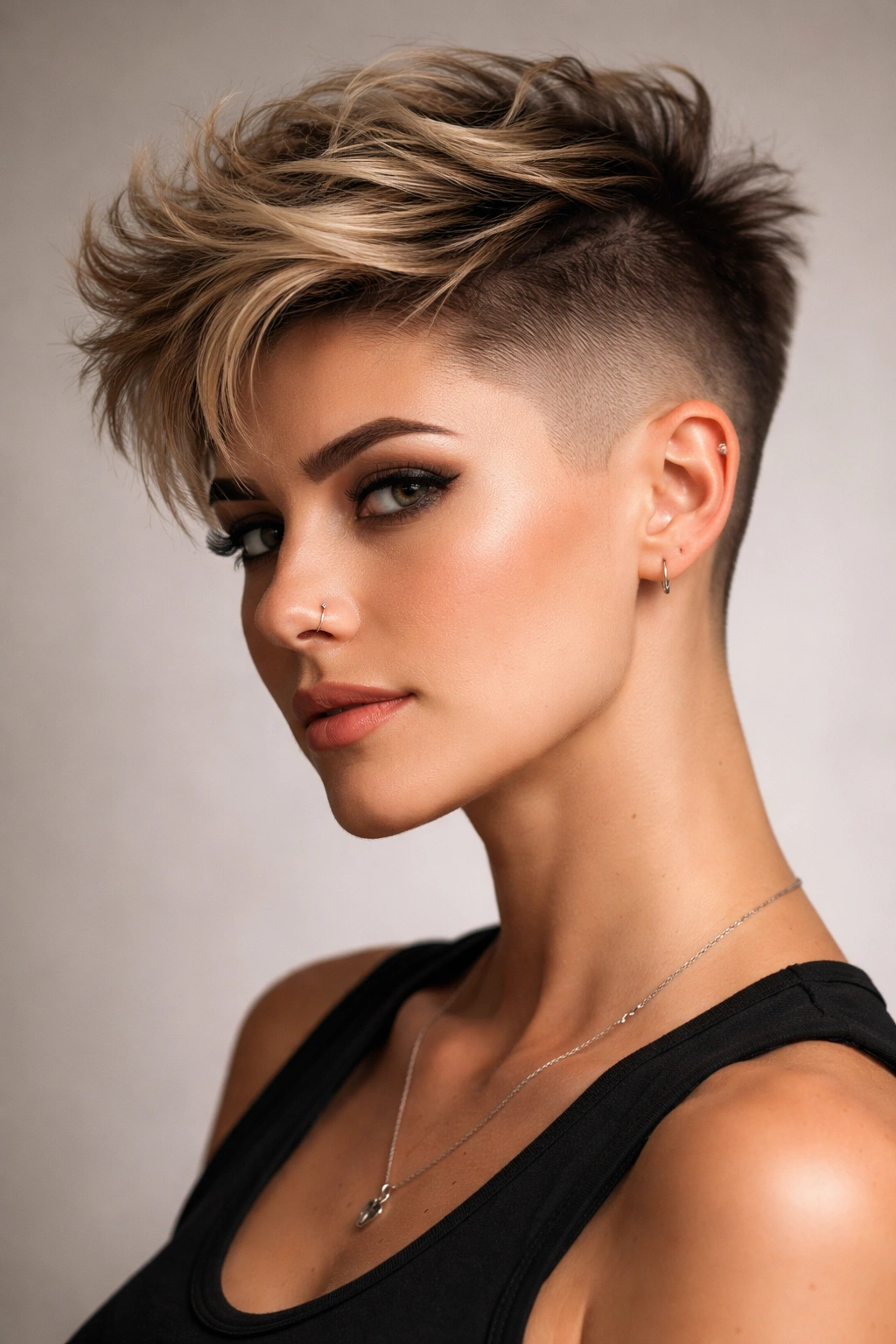 Portrait of a woman with a disconnected textured top hairstyle showing a textured island on top and shaved sides.
