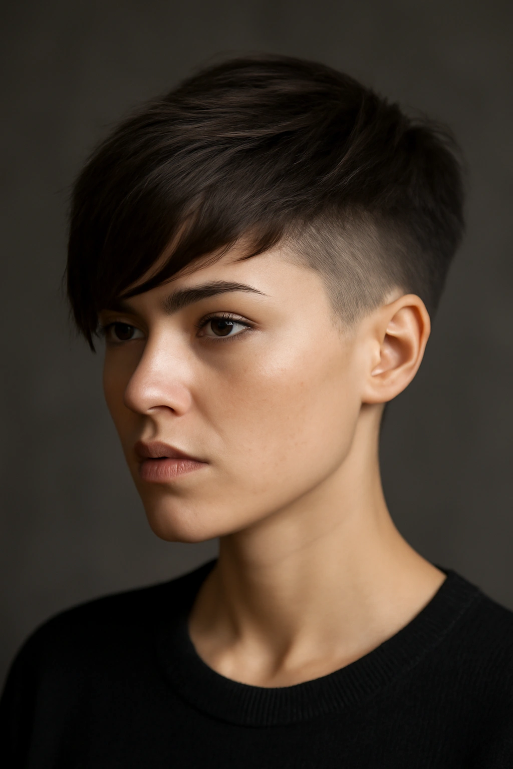 12 Short Haircuts Shaped For A Diamond Face 6 Close-up of The Disconnected Undercut with Longer Bangs showing bold contrast between top and sides.