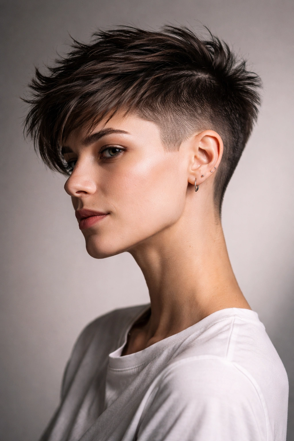 Portrait of a woman with a disconnected undercut and bold top