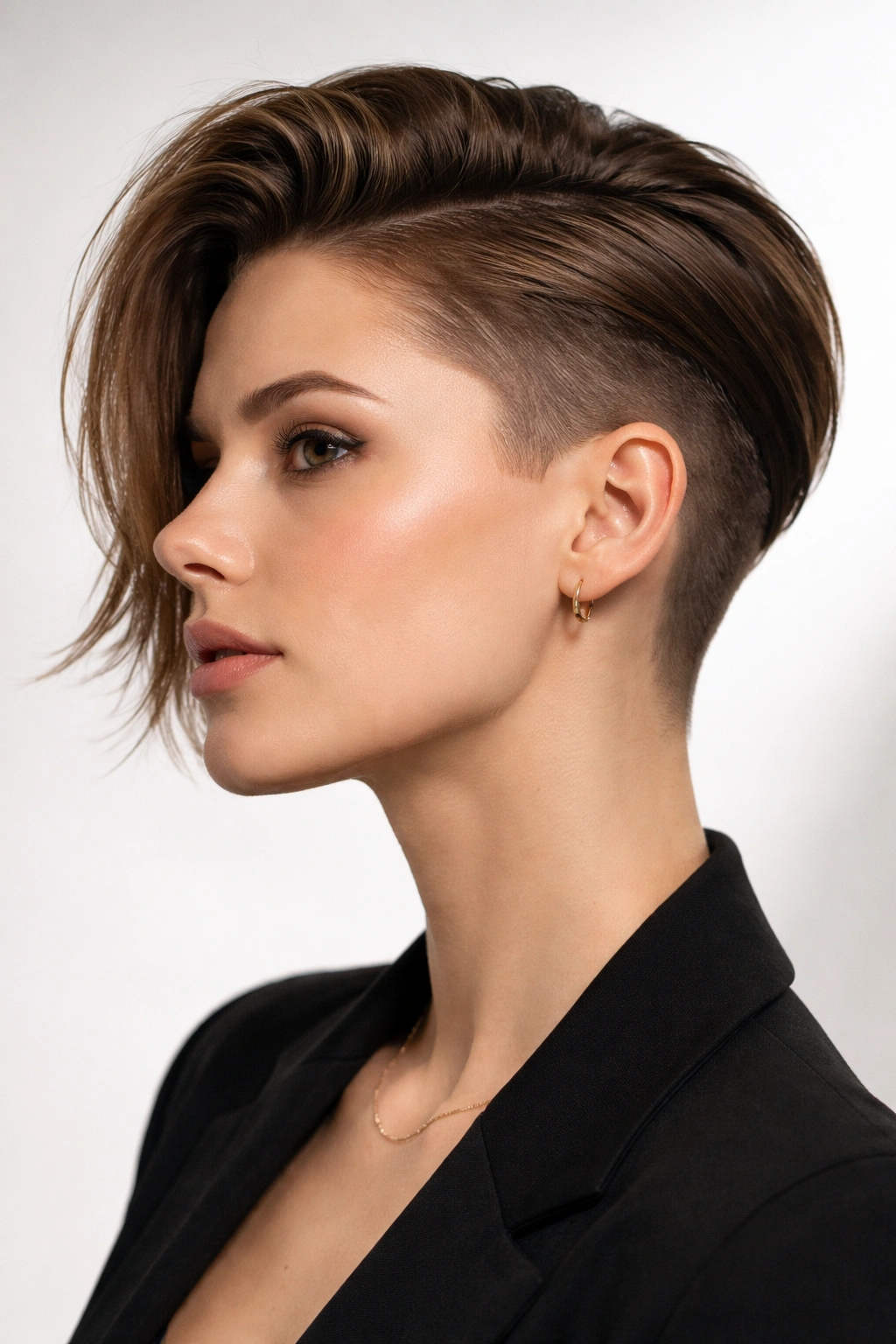 Disconnected undercut with long top tucked behind ear