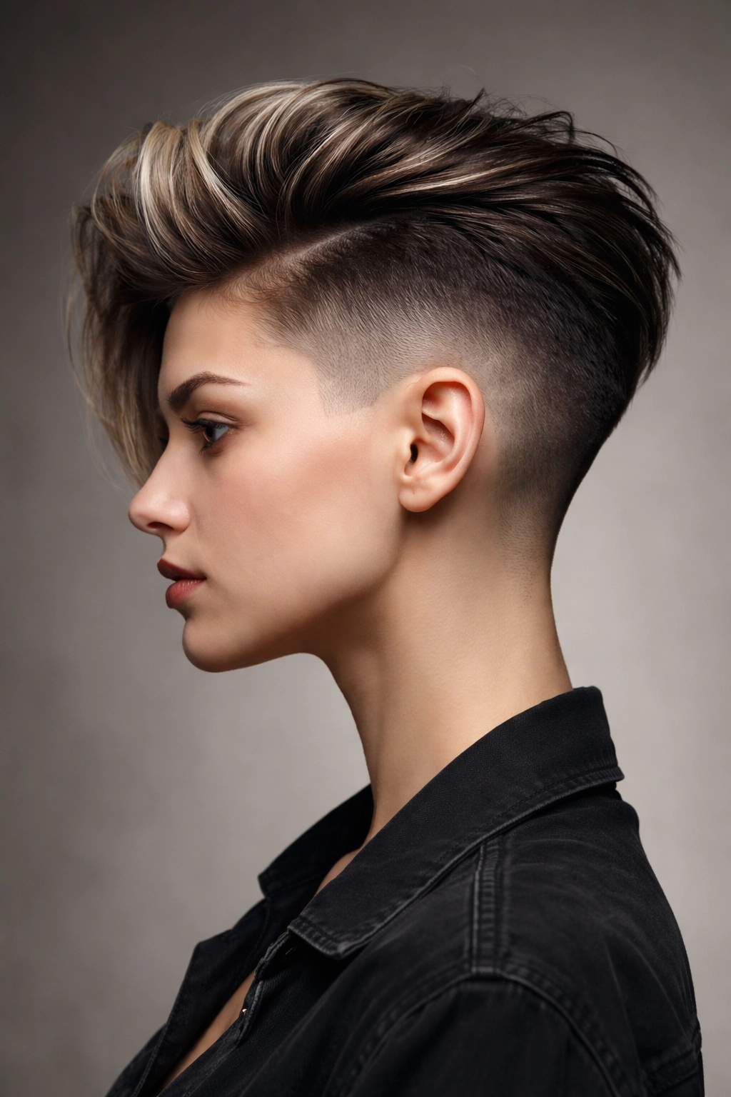 Profile portrait of a woman with a sharp, disconnected undercut line.