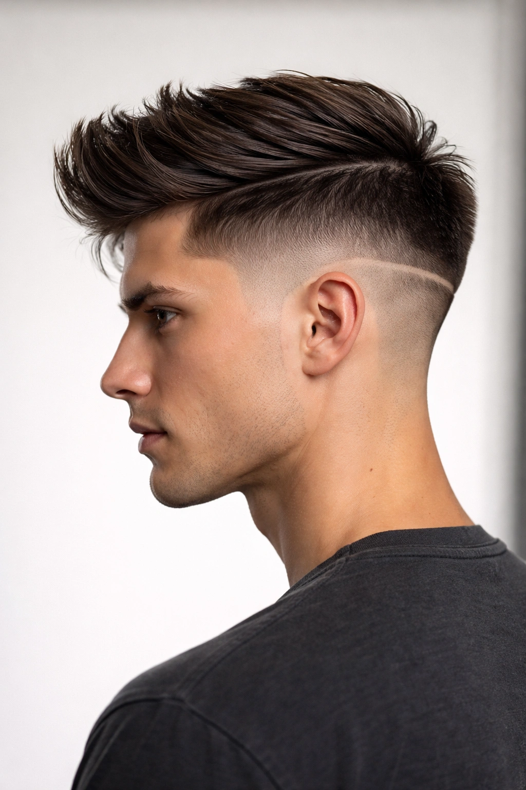 Long top with a sharp horizontal line disconnecting from a short undercut.