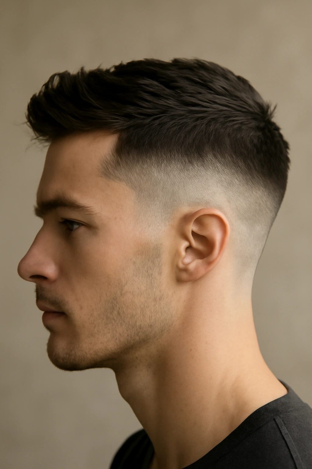 20 Men's Haircuts Matched to Face Shape and Hair Type 19 Close-up profile of a man with a bold disconnected undercut featuring a sharp top-sides line.