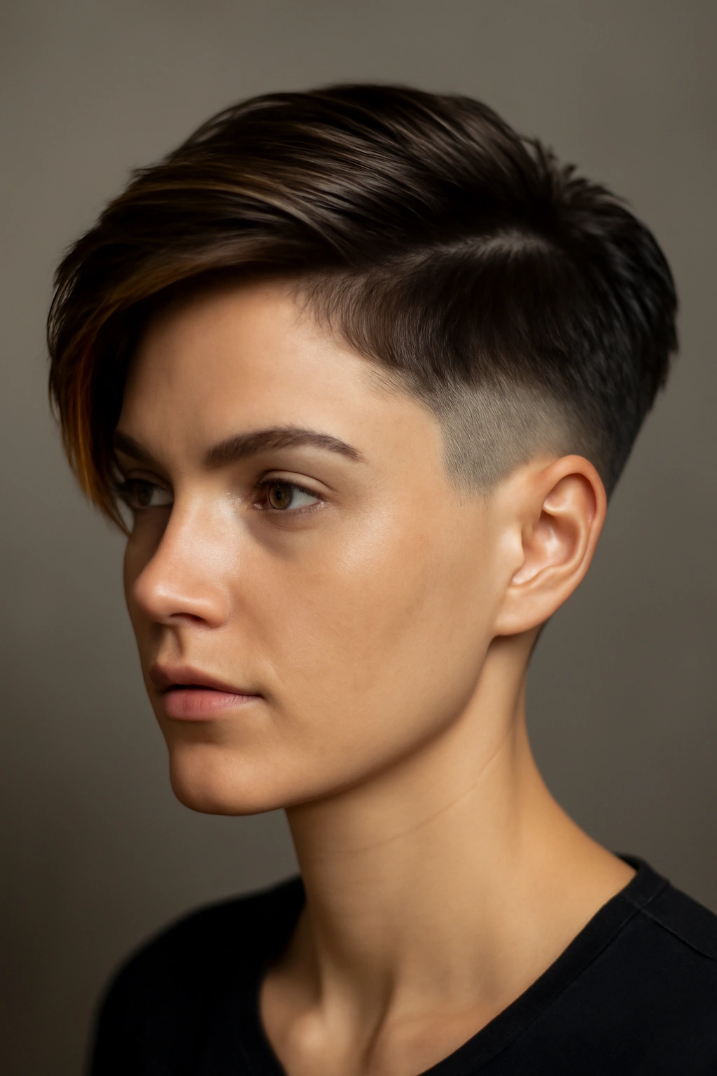 15 Short Haircuts That Look Stunning With Caramel Highlights 7 Close-up of a disconnected undercut hairstyle with caramel highlights
