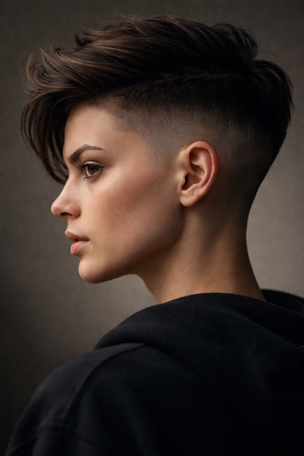 10 Queer Short Haircuts That Make A Statement 4 Side profile of a person with a disconnected undercut fade showing a sharp separation between top and sides.