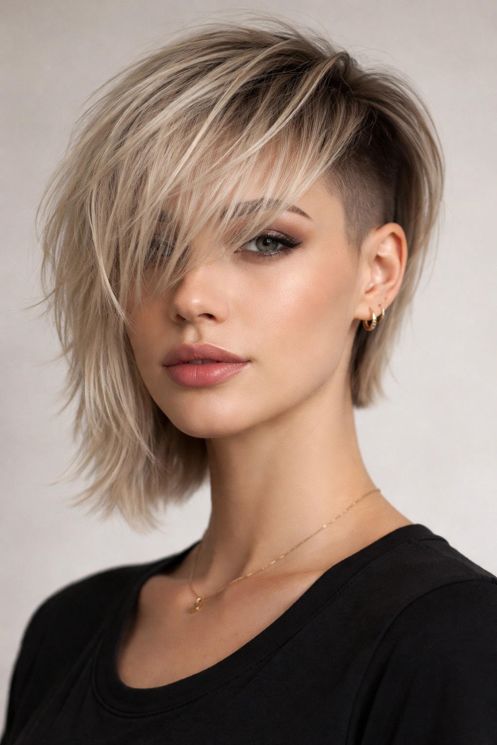 Front view of fringe and disconnected undercut highlighting contrast.