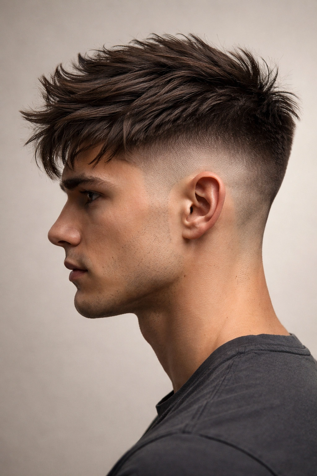 Profile view of a person with a disconnected undercut showing short sides and long top with clear contrast