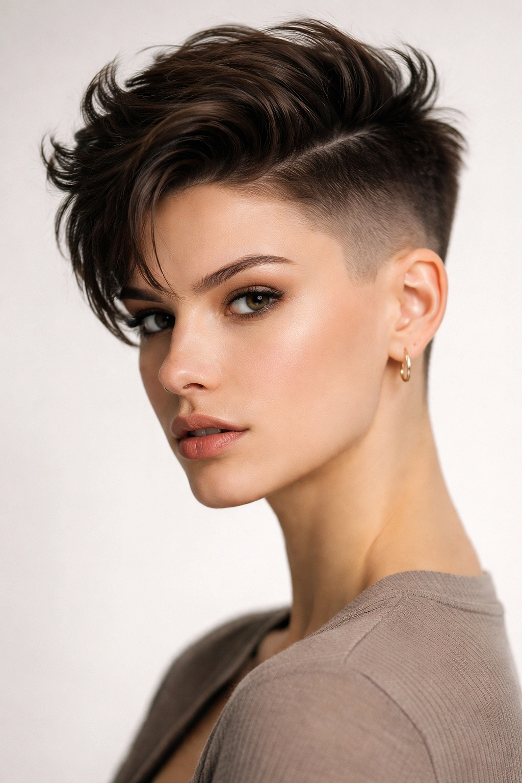 12 Cool Girl Short Haircuts With An Effortless Edge 9 Portrait of a model with a disconnected undercut, short sides and a longer top with a sharp boundary