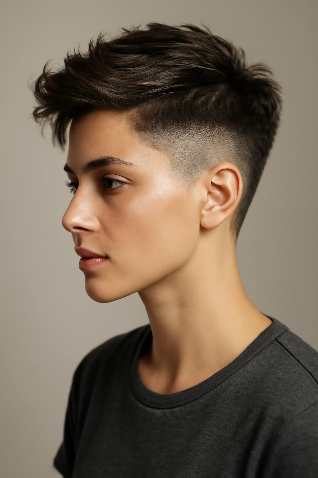 Portrait of a woman with a disconnected undercut showing dramatic contrast