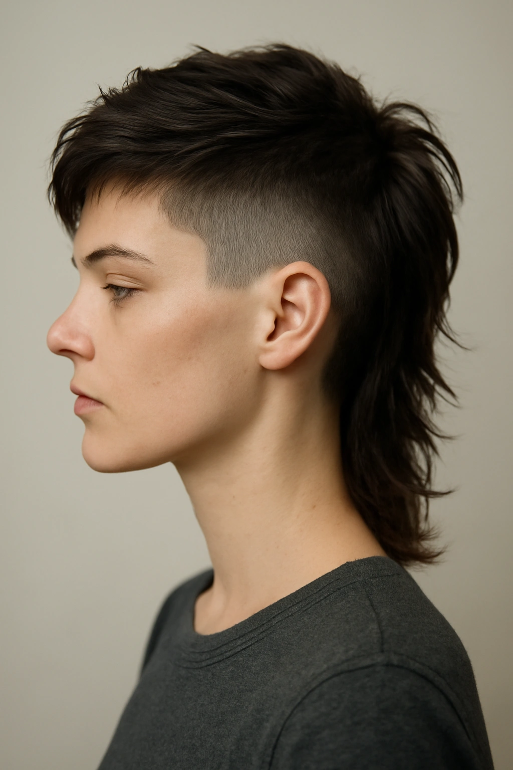 Side profile showing a disconnected undercut mullet with shaved back and textured front