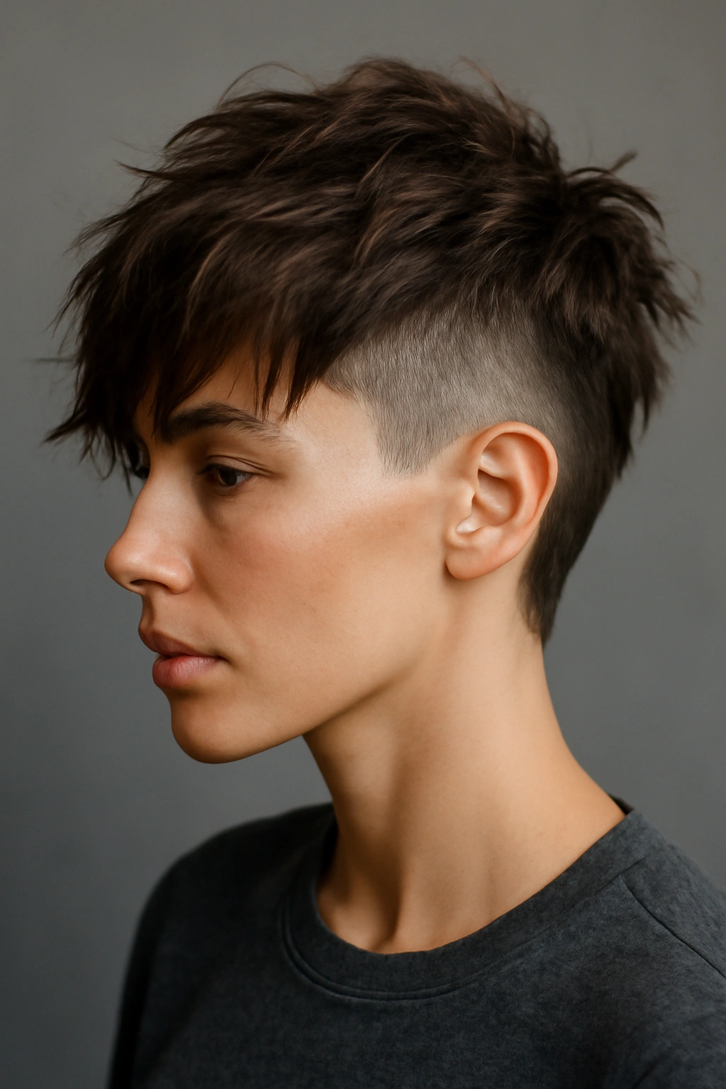 20 Short Shag Haircuts for Easy, Effortless Mornings 6 Model with disconnected undercut shag showing sharp contrast between short sides and long top
