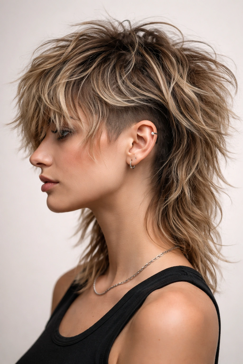 Side view of Textured Shag with Disconnected Undercut showing top texture and sharp separation