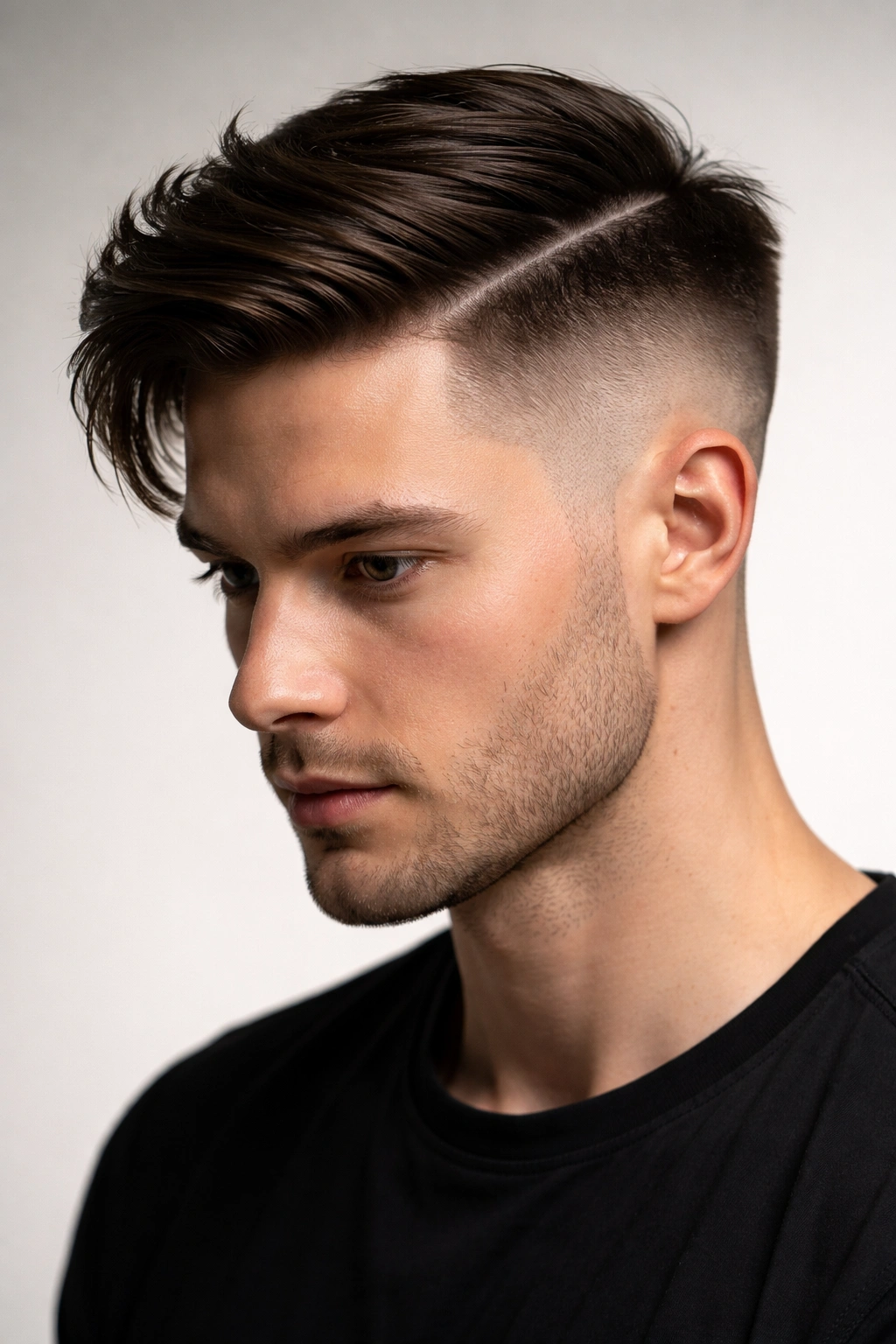 Front three-quarter view of a disconnected undercut with side-parted top