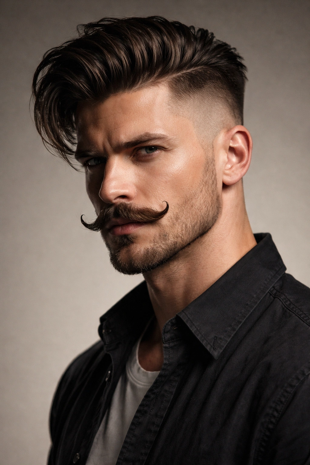 Portrait of a man with a disconnected undercut and styled mustache.