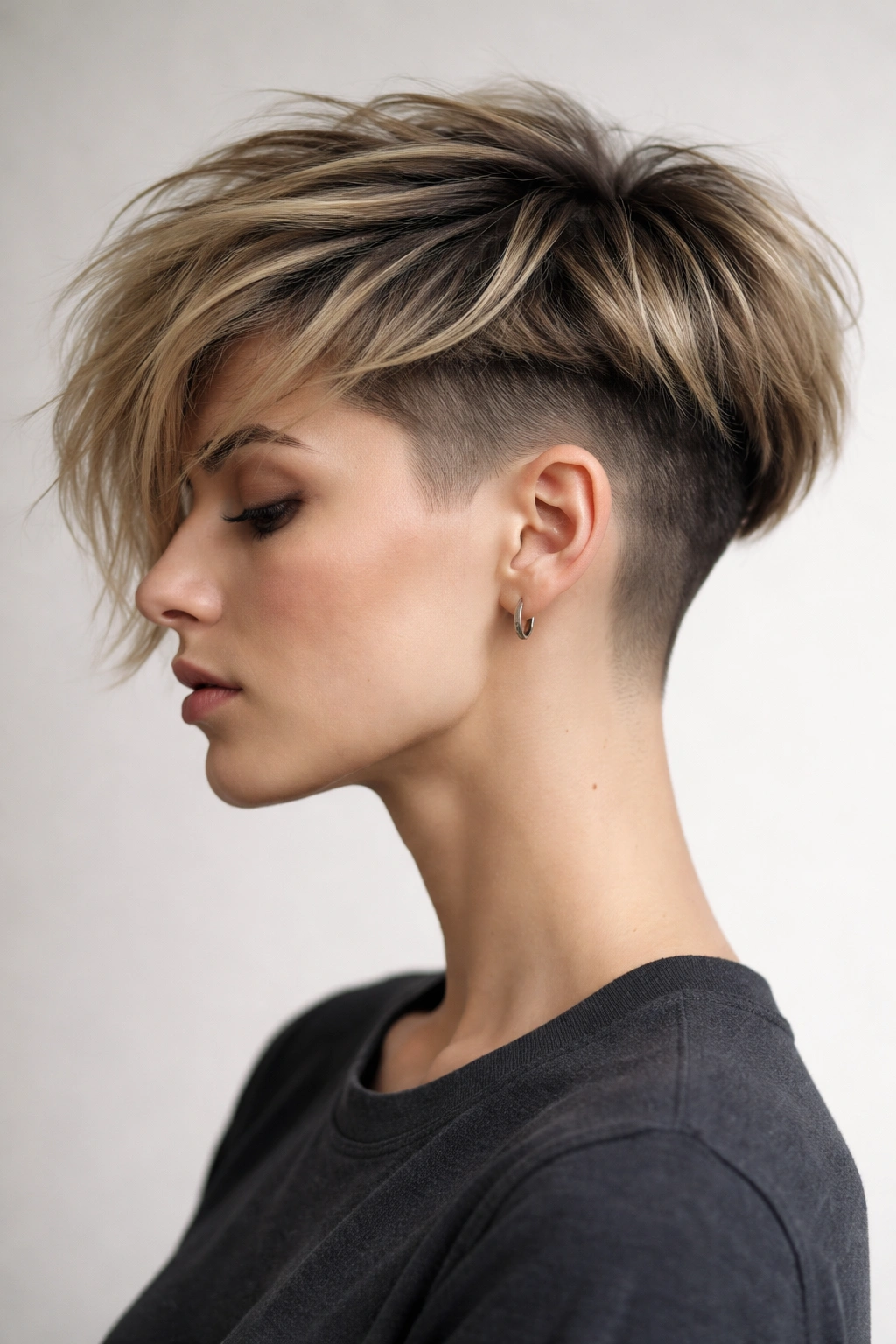 Portrait of a person with clearly disconnected top and bottom undercut.