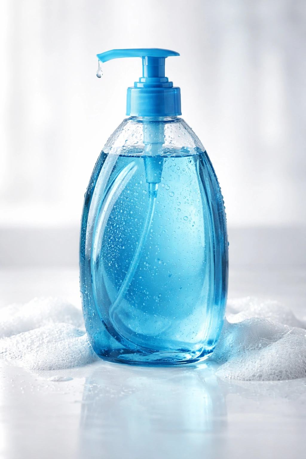 Close-up of blue dish soap bottle with pump on a clean background