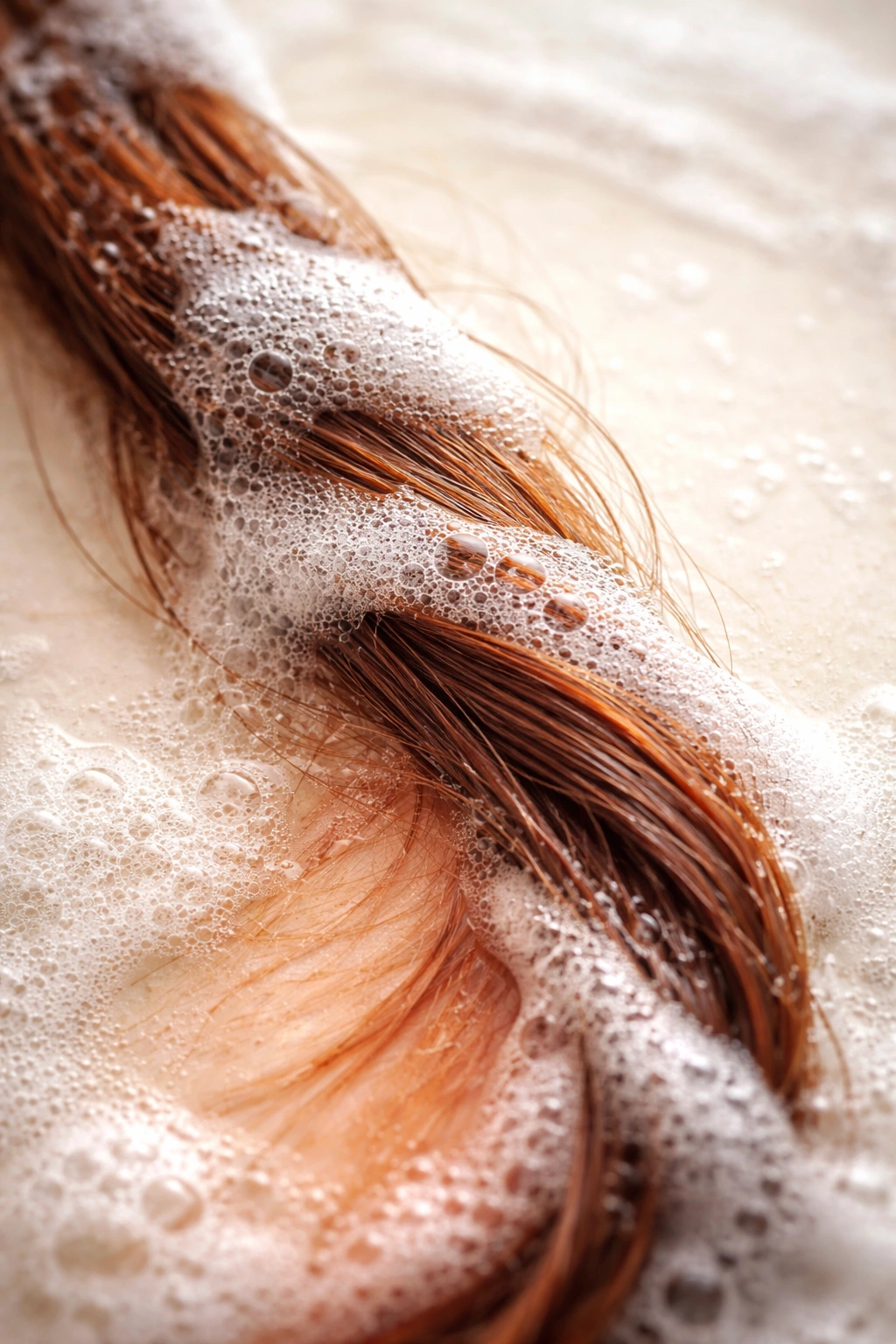 Hair strand with dish soap foam indicating color-stripping action.