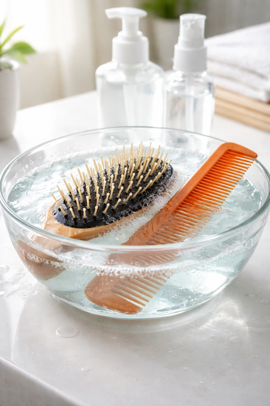 Hairbrush and comb soaking in a clear bowl for disinfection on bathroom counter