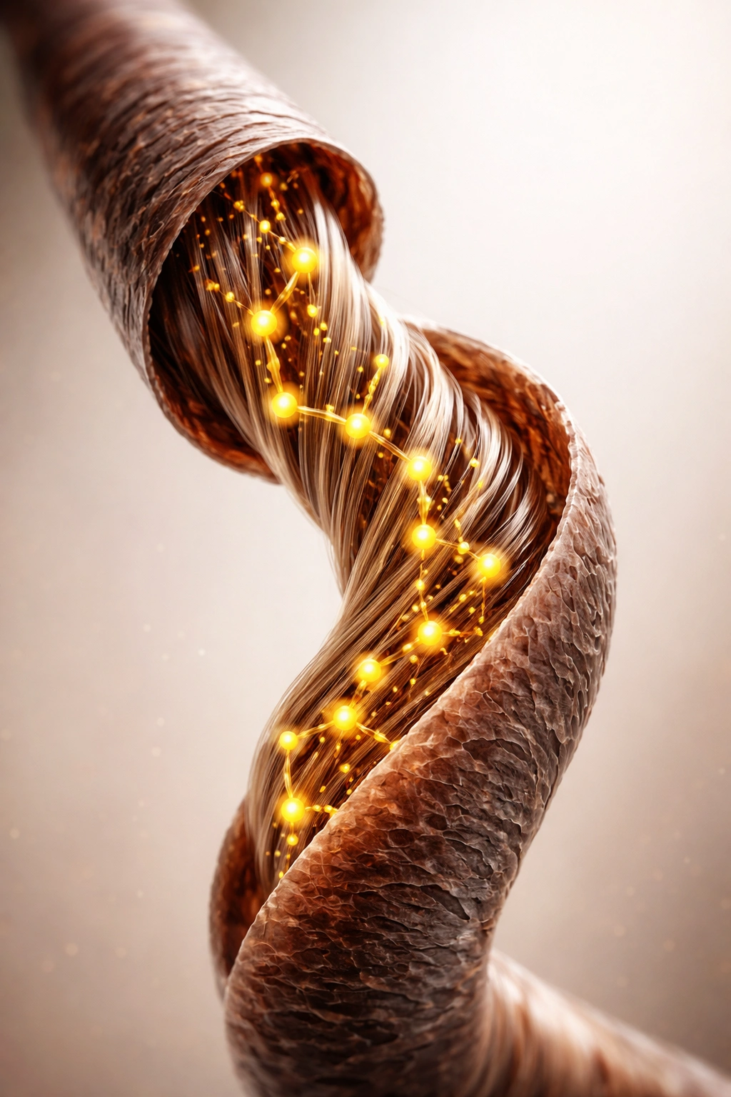 Hair strand macro showing disulfide bonds creating curves