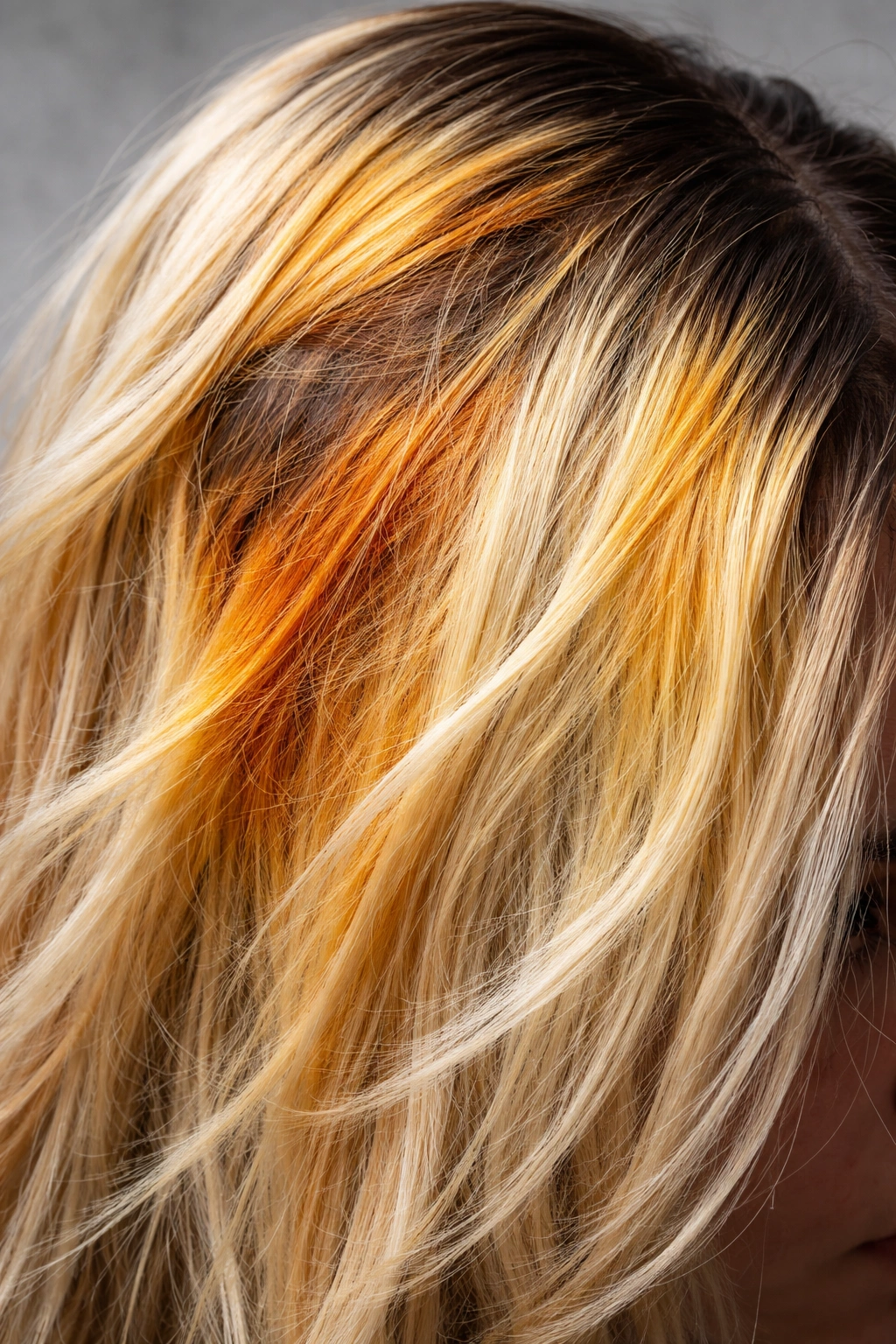 Close-up of uneven, patchy brassy hair from DIY bleaching with orange and yellow sections
