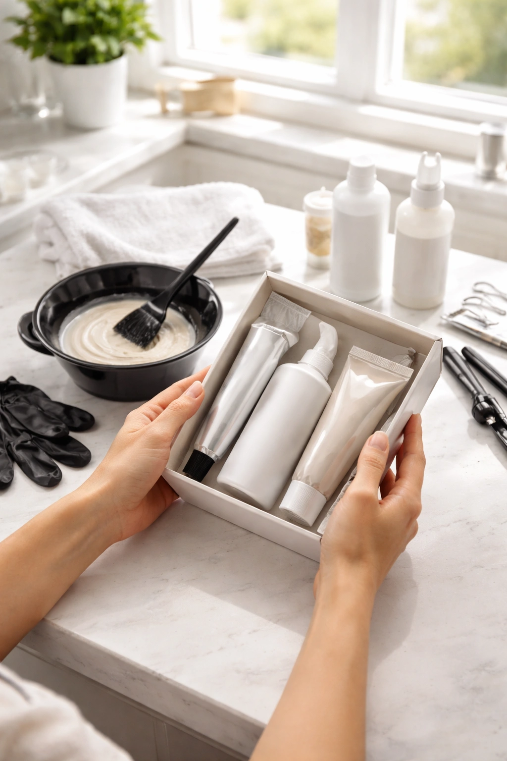 Hands holding a generic at-home hair color kit with mixing bowl on kitchen counter.