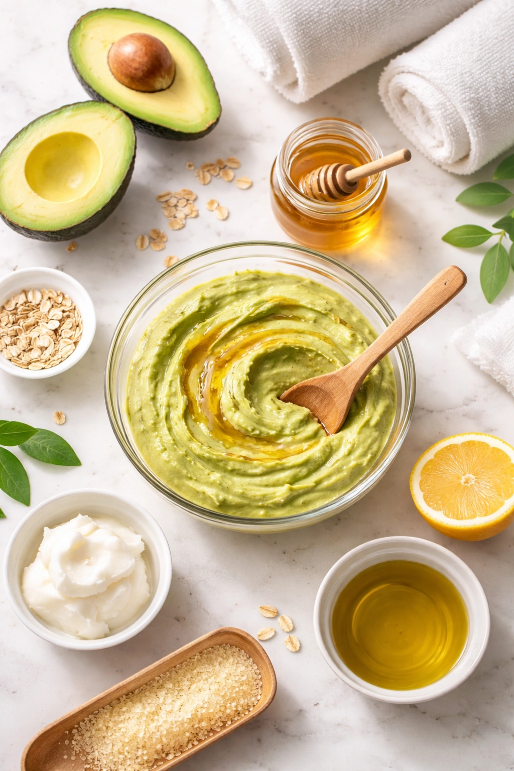 Avocado and honey DIY deep conditioner mixture in bowl