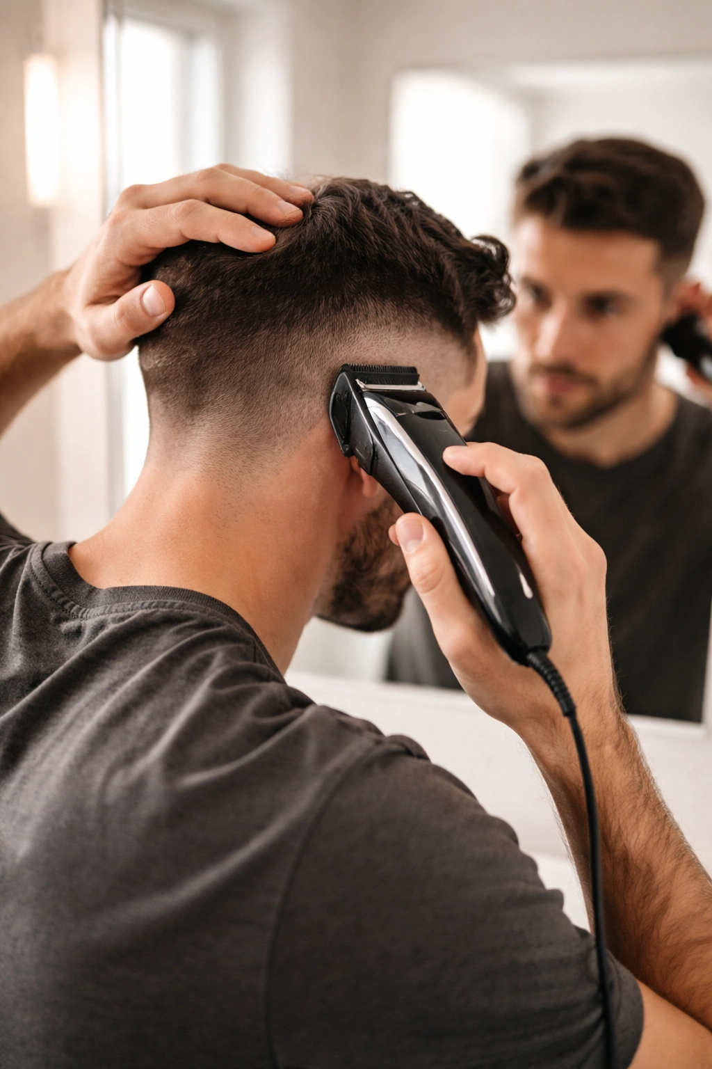 Person performing a DIY haircut with clippers in a bathroom mirror