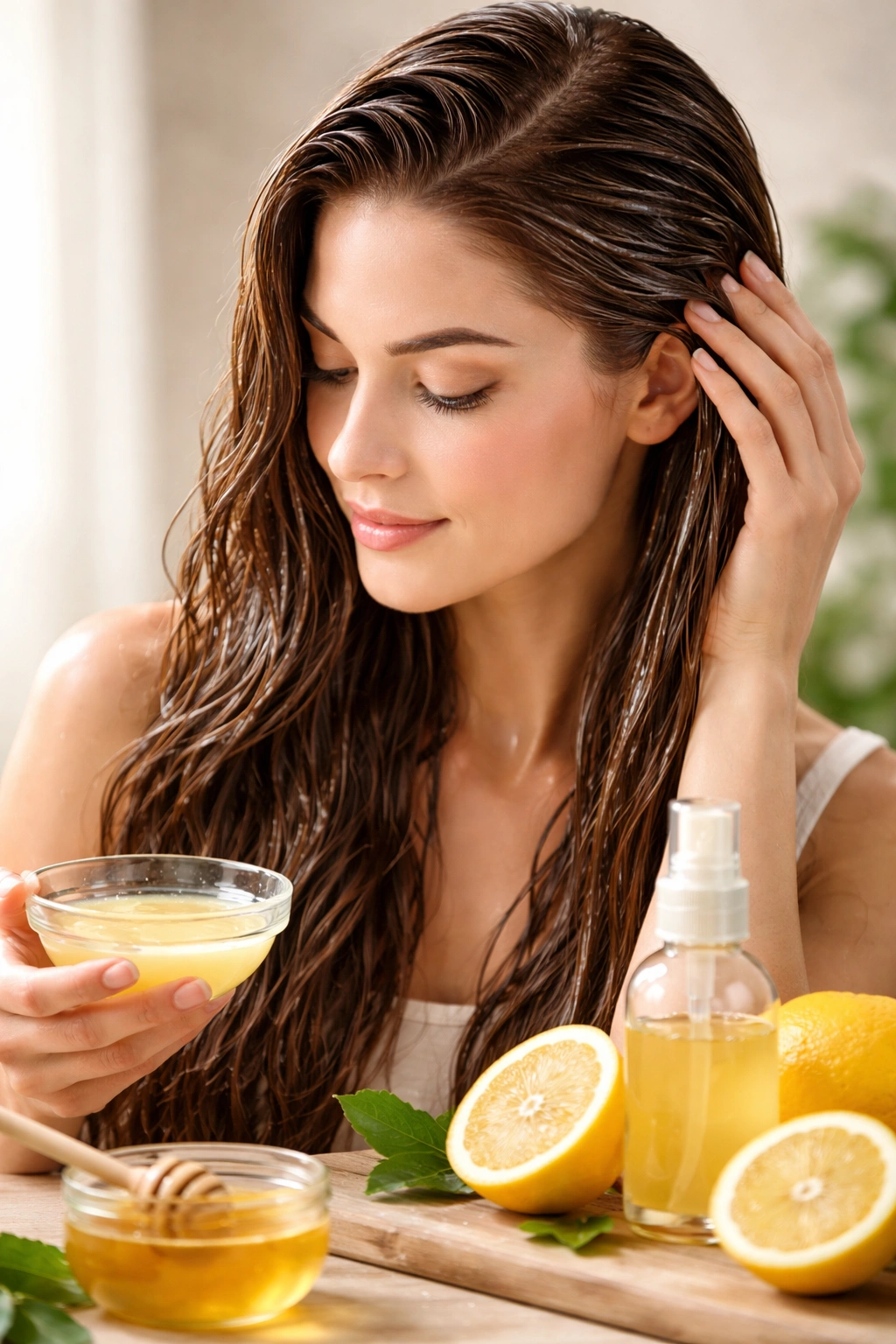 Hair with glossy glaze suggesting a DIY lemon treatment