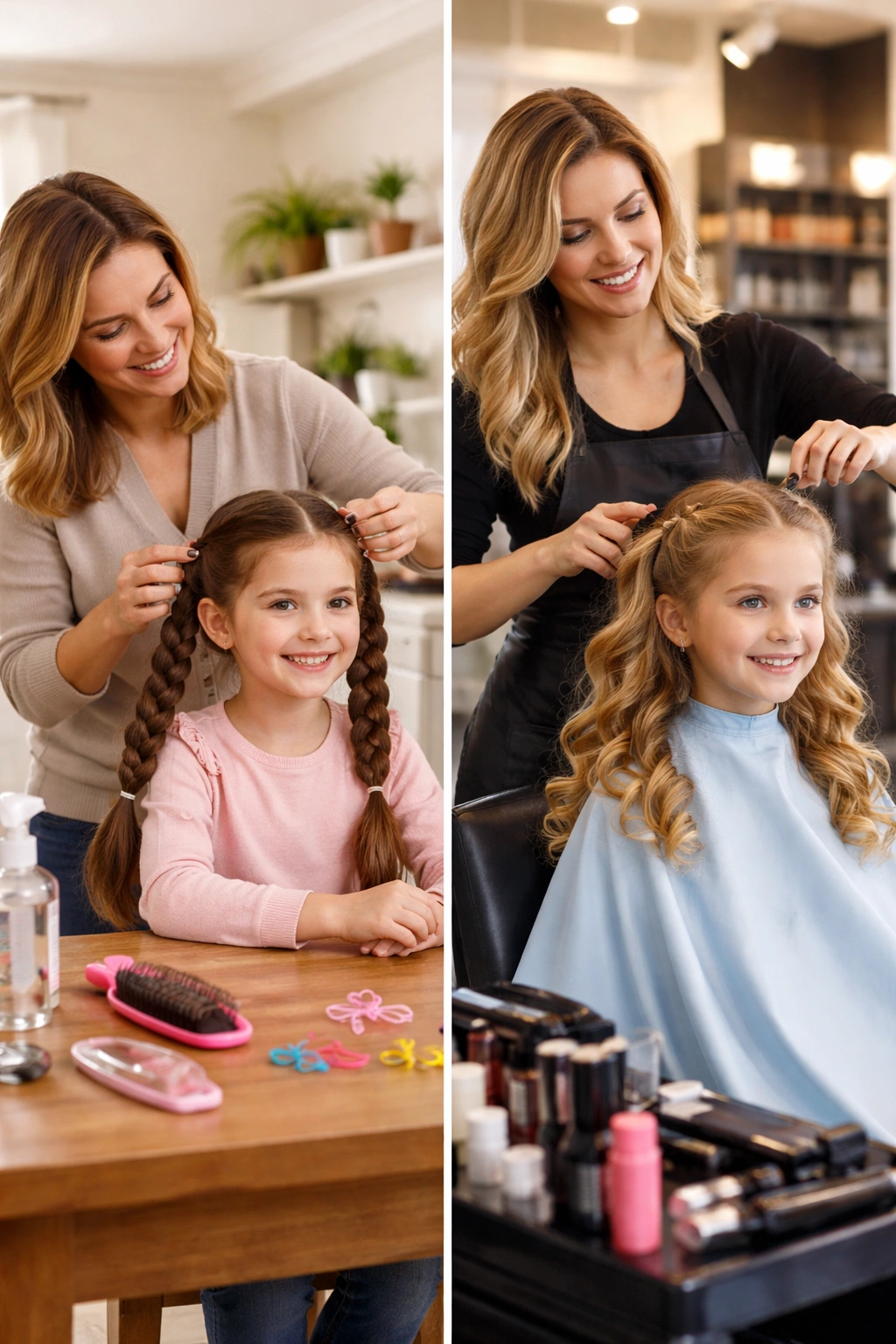 Split-screen image showing at-home hair styling vs professional salon styling for a child
