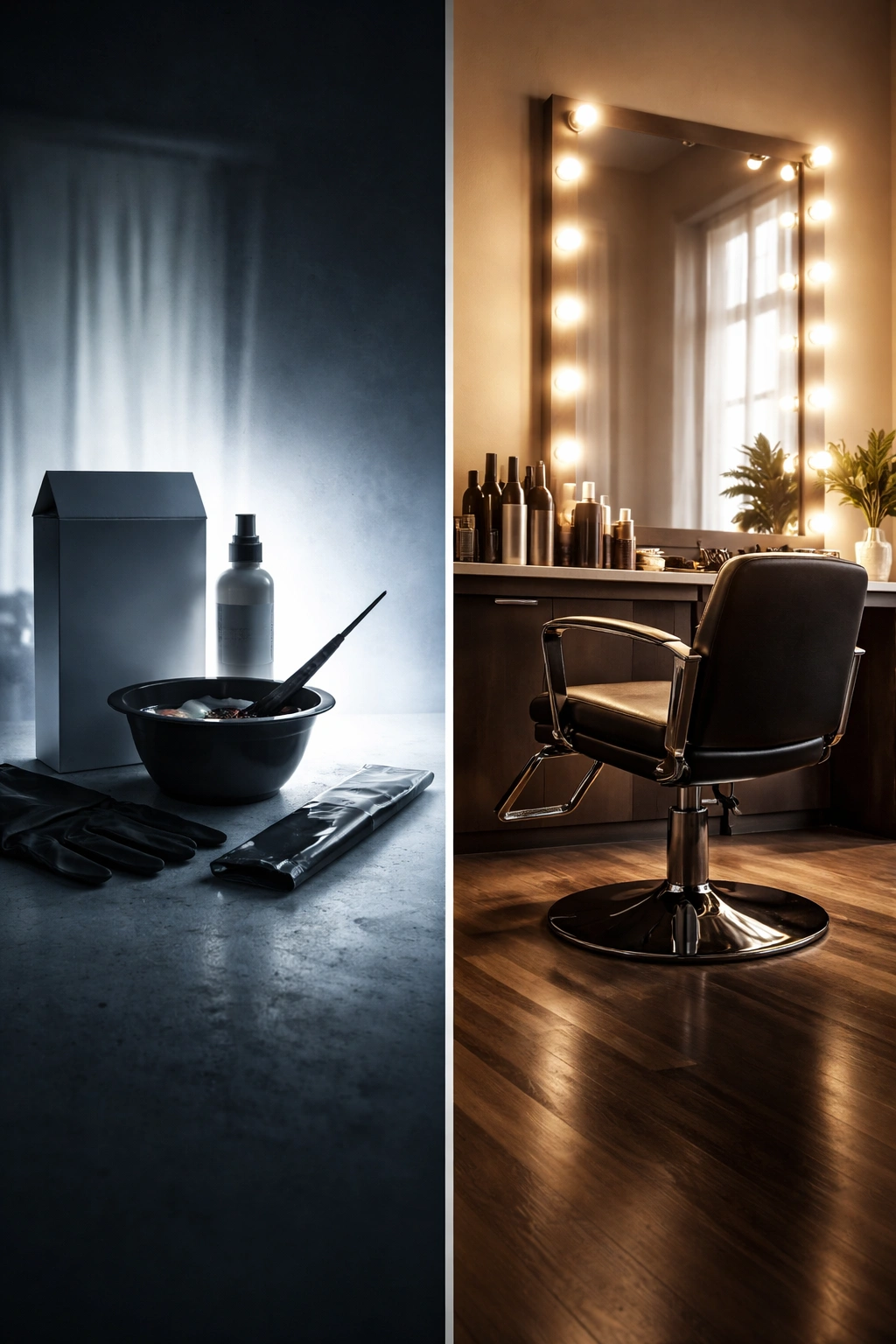 Split-panel concept showing DIY hair dye items and professional salon setup.