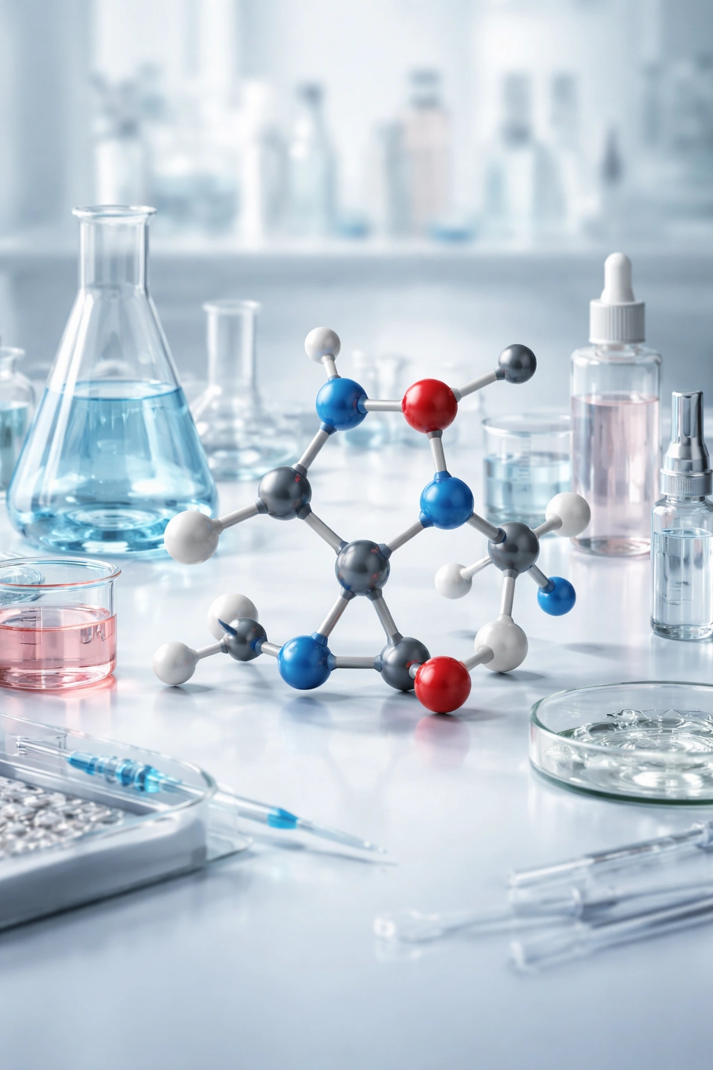 Molecular lattice model in a clean lab scene representing chemical ingredients in cosmetics.