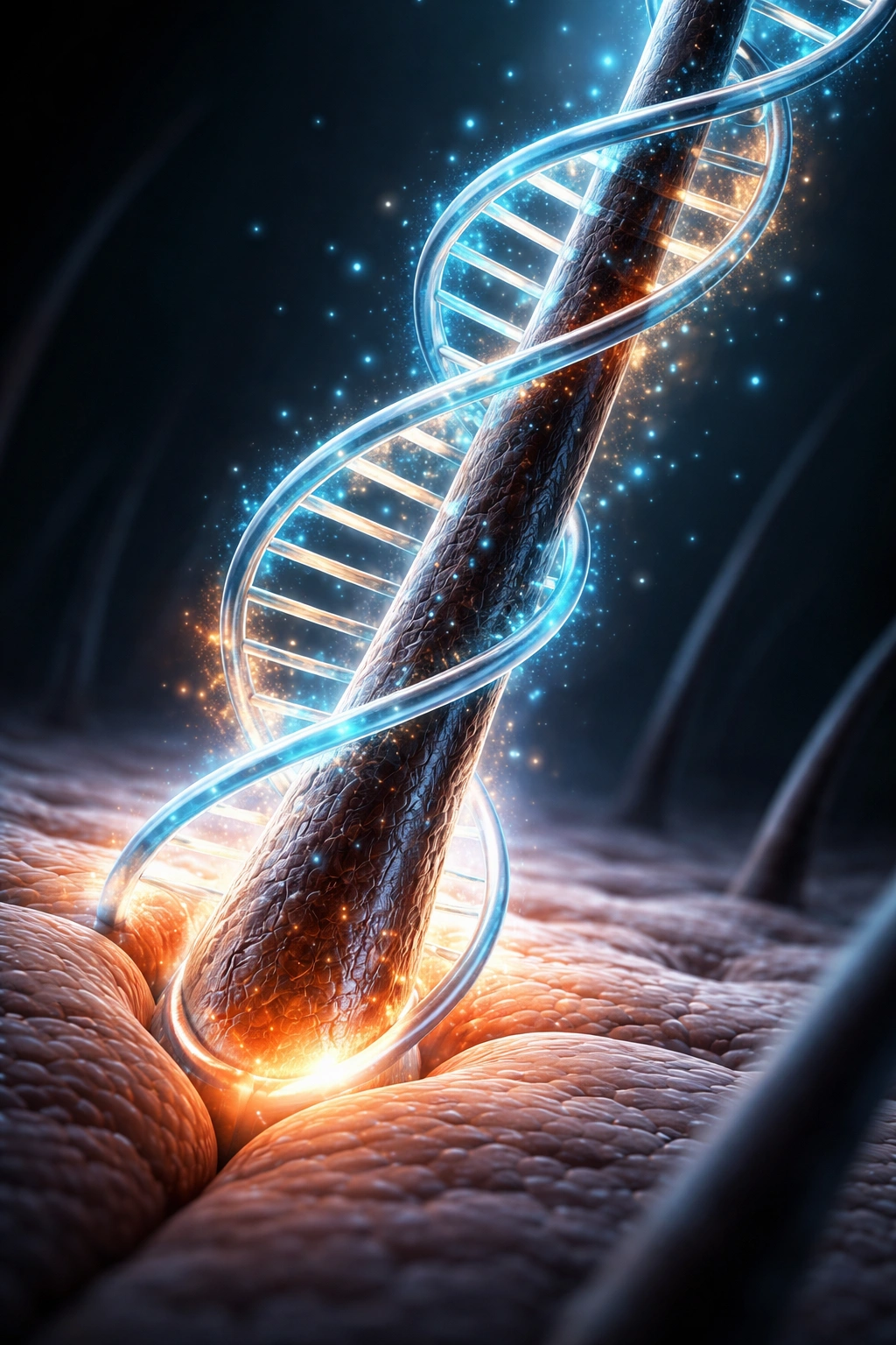 Hair follicle with surrounding DNA helix illustrating genetic control of hair length.