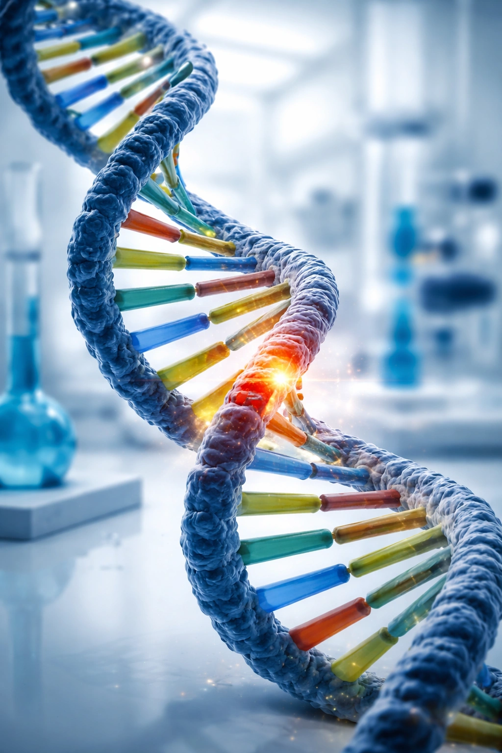 Close-up of a DNA helix with highlighted mutation site illustrating genetic variant concept.
