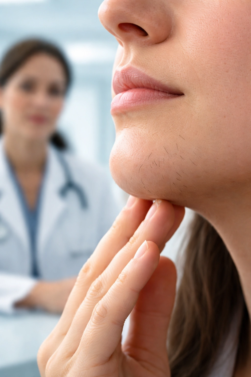 Chin close-up with a blurred clinician in the background