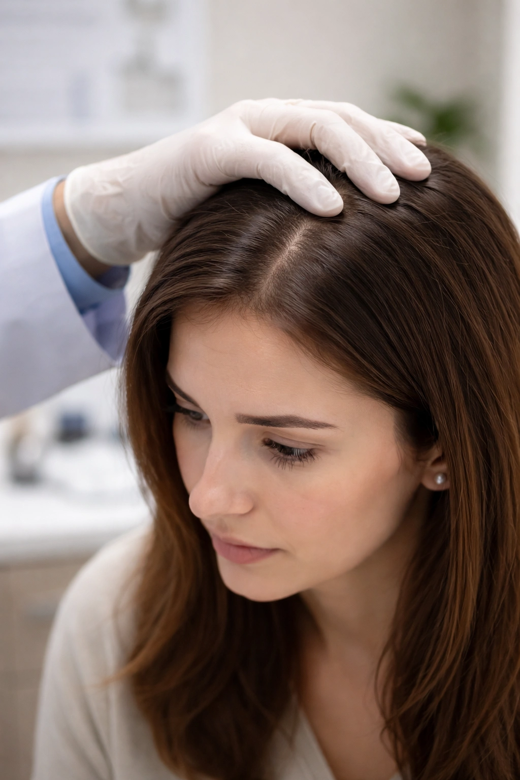 Clinician's gloved hand on patient's scalp during consultation