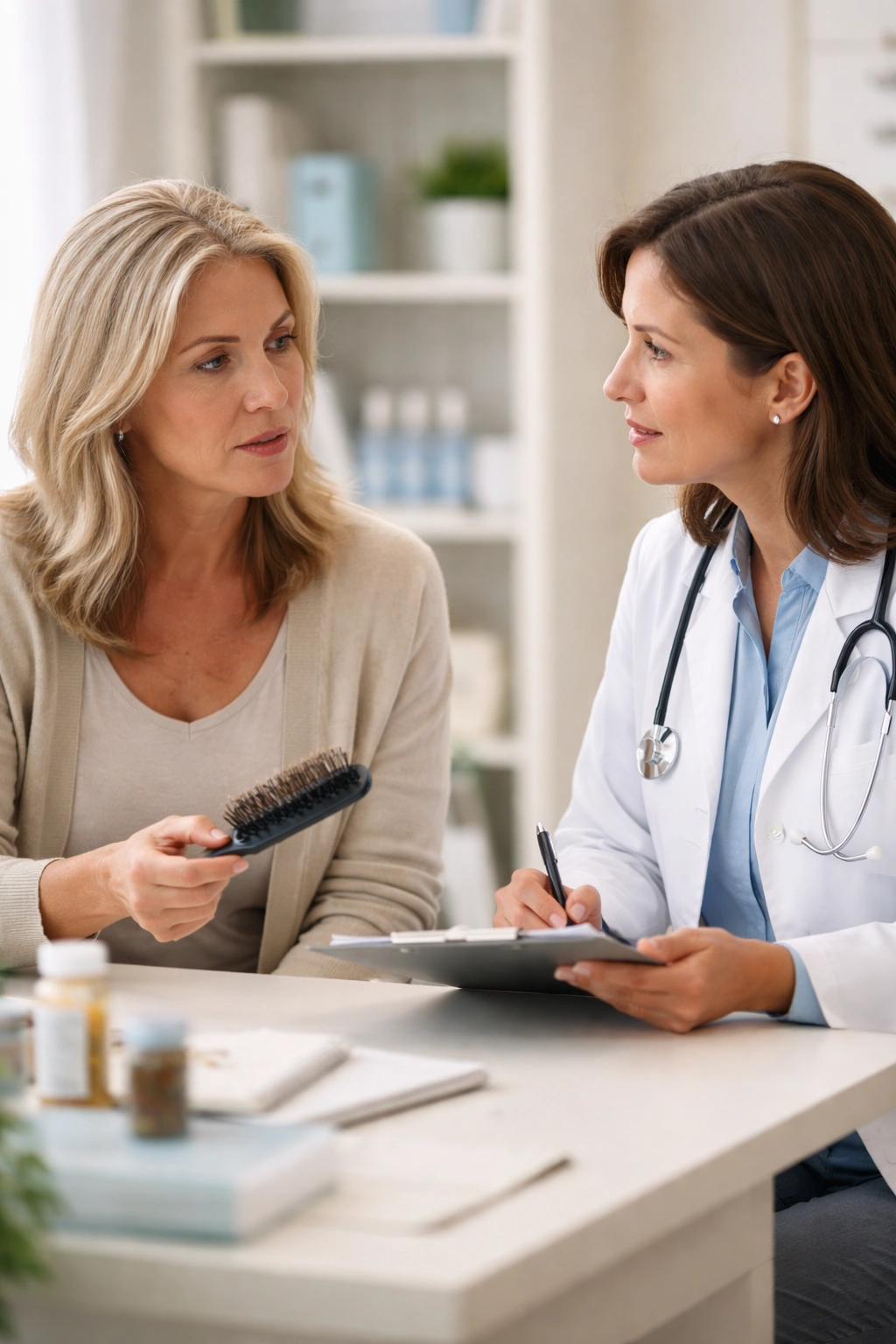 Image of a patient in consultation with a doctor about HRT and hair loss in a clinical setting.