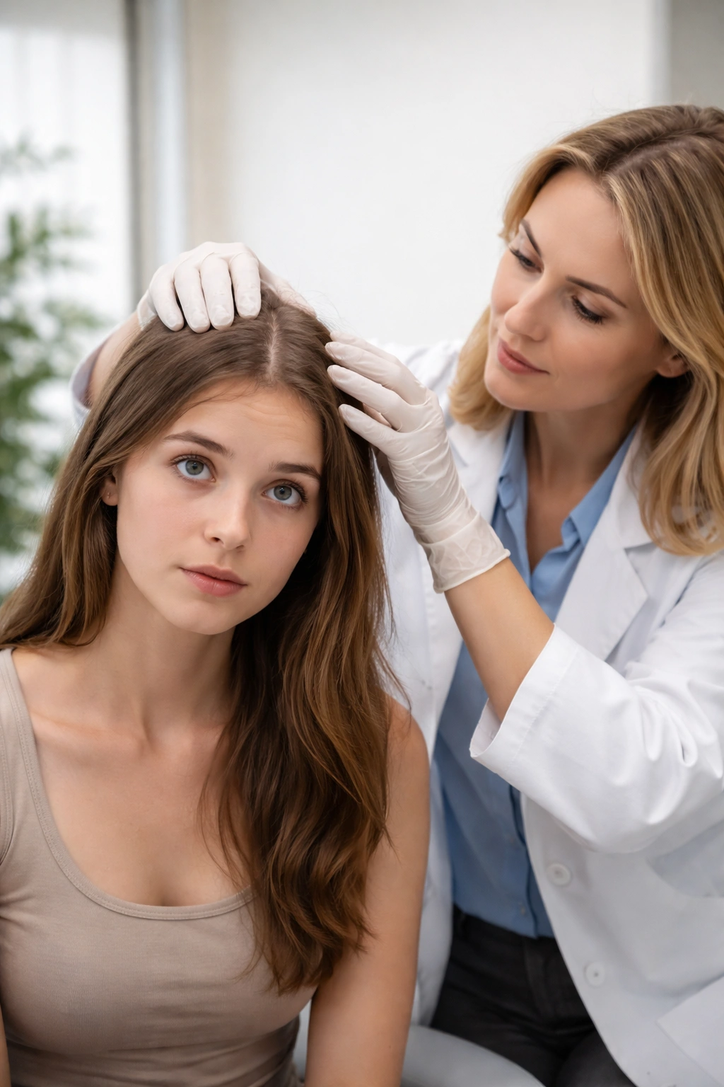 Young adult in clinical setting consulting a dermatologist