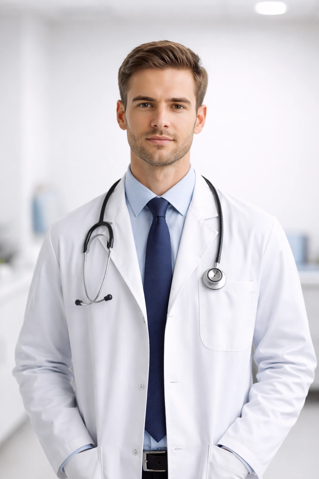 Doctor in white coat in a neutral clinical setting suggesting medical evaluation for hair growth
