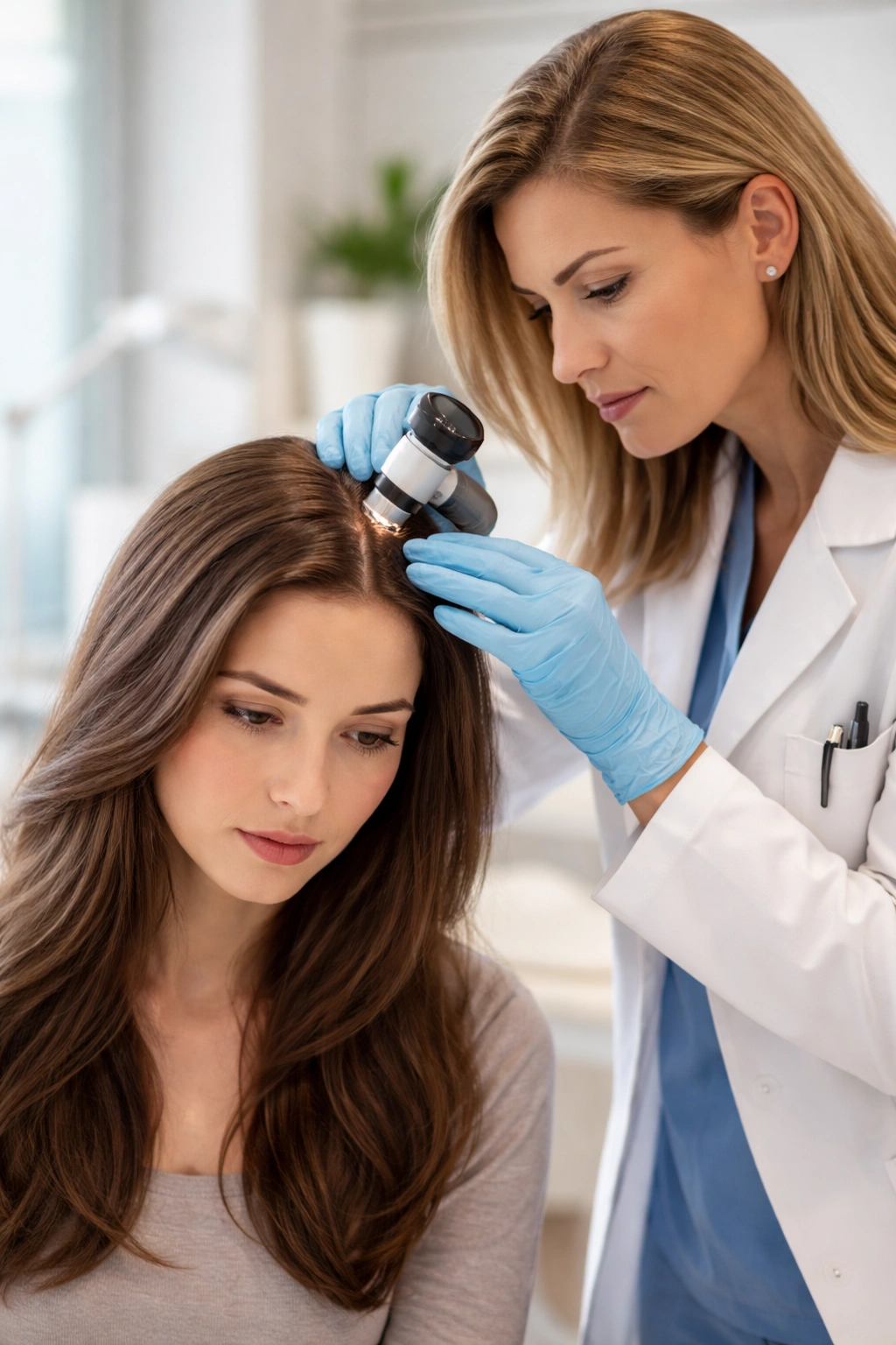 Dermatologist examining scalp with a dermatoscope during a consultation