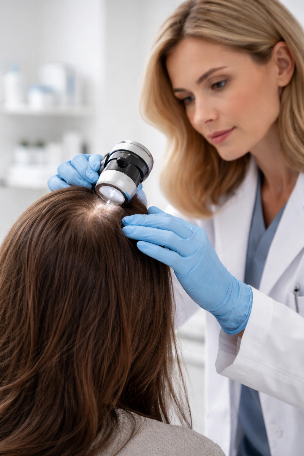 Dermatologist examining scalp with magnifier in a clinical setting