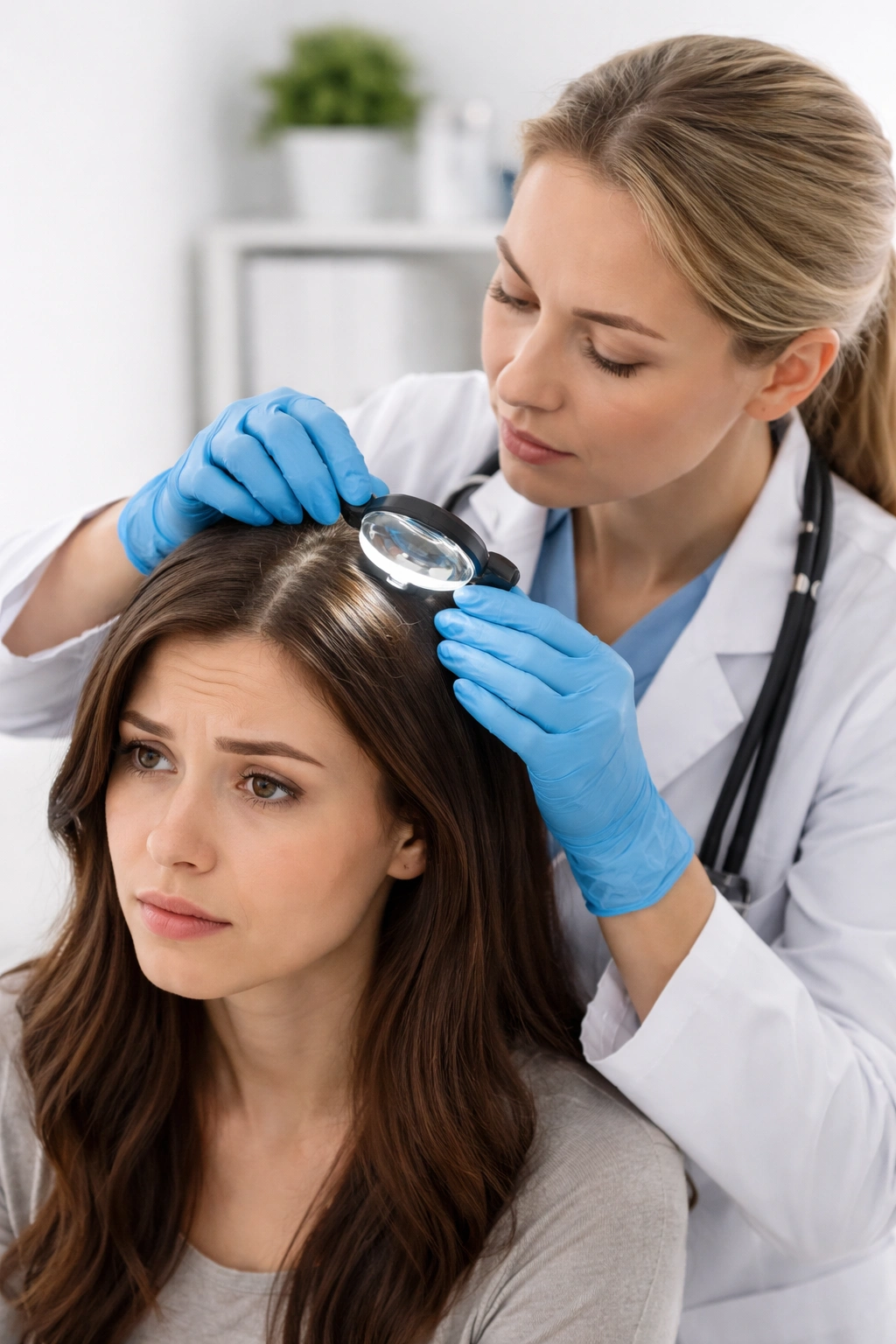 Doctor examining patient's scalp for lice and hair loss
