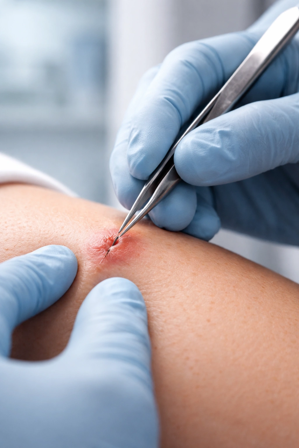 Clinician examining an ingrown hair bump in a clinical setting