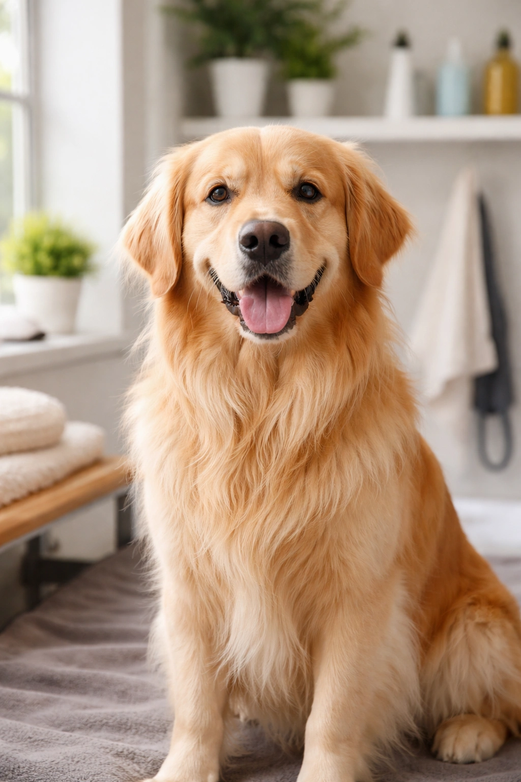 Dog with healthy coat in grooming setup