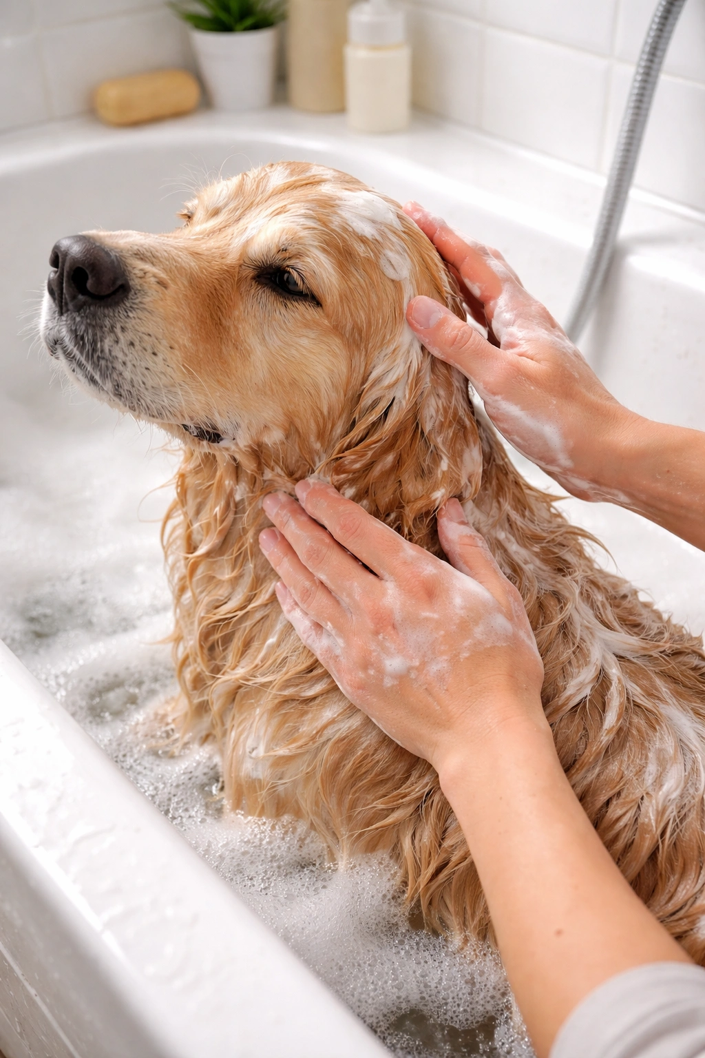 Hands applying dog conditioner to wet fur in a tub