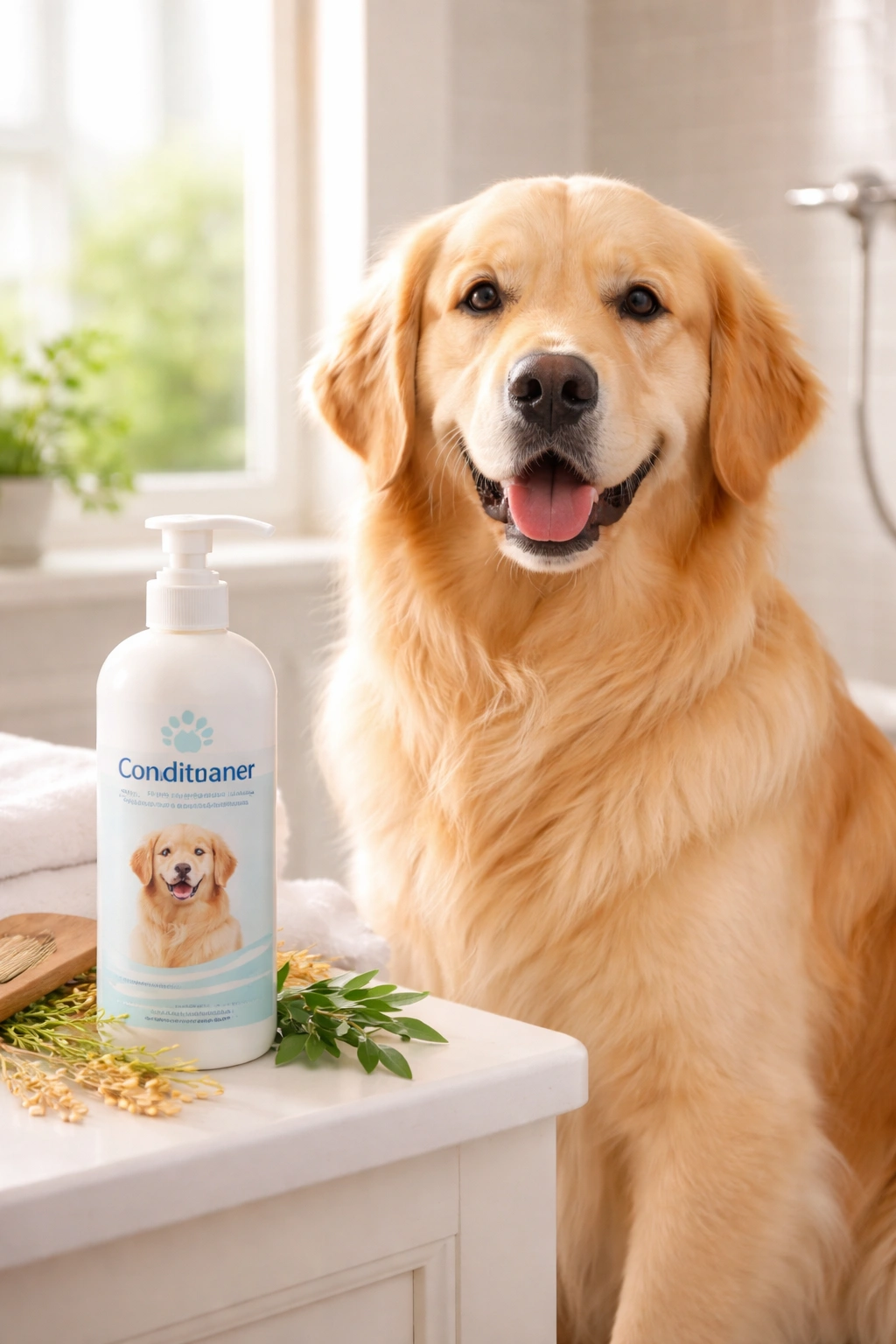 Dog-specific conditioner bottle with calm dog and healthy coat