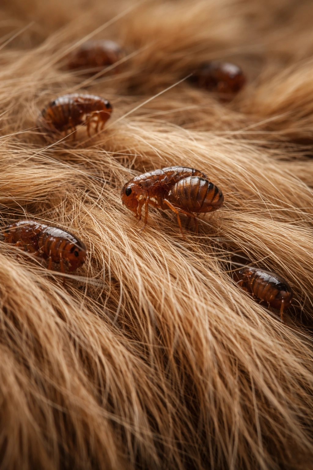 Fleas on dense dog fur showing preference for furred hosts