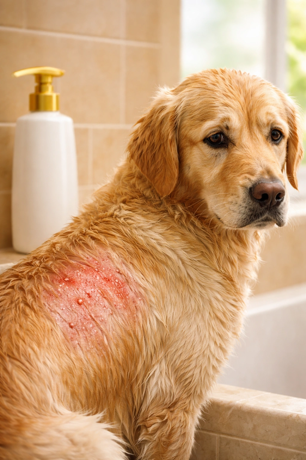 Dog with irritated skin beside a plain conditioner bottle on a bathroom shelf