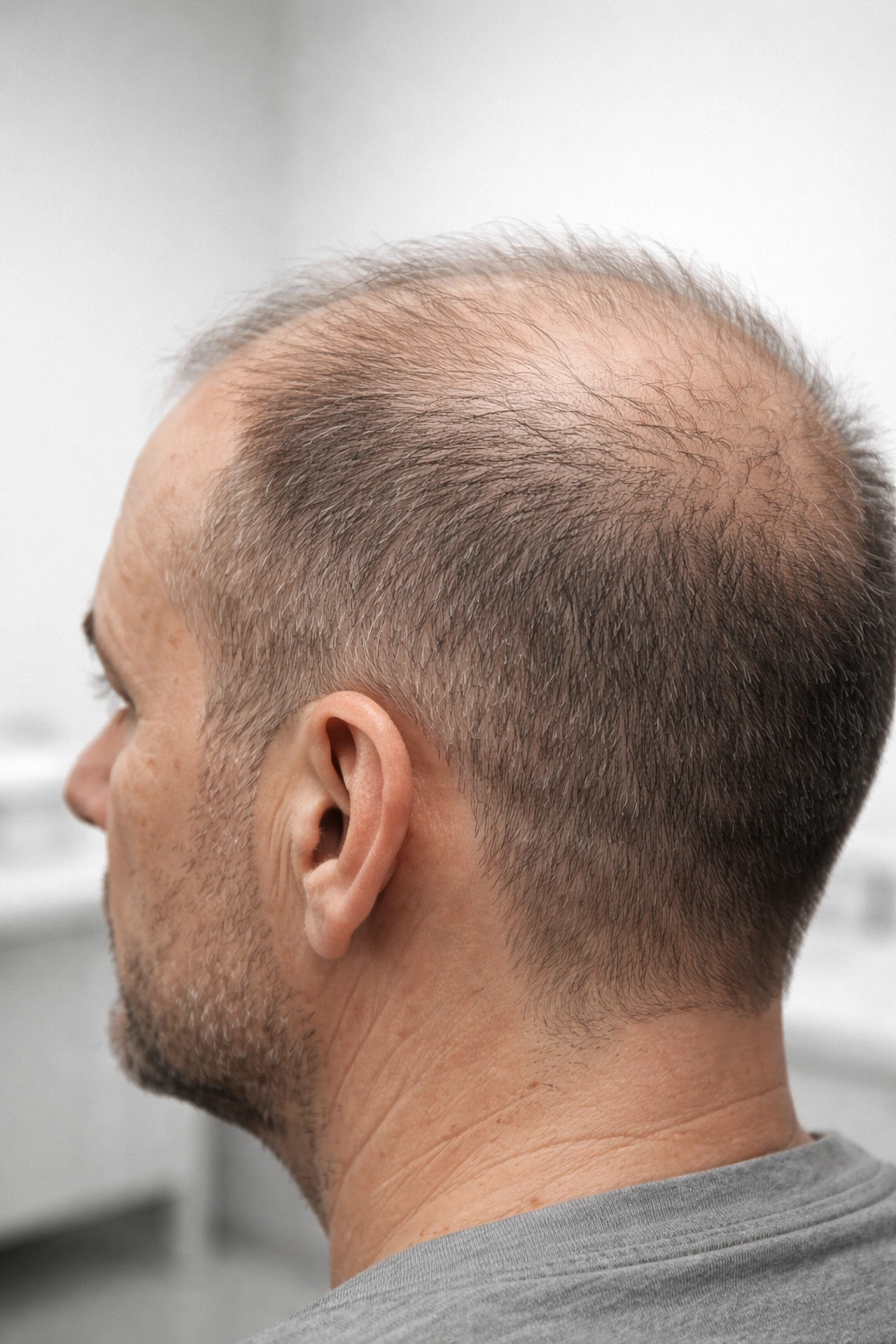 Scalp close-up showing sparse donor density indicating limited candidacy