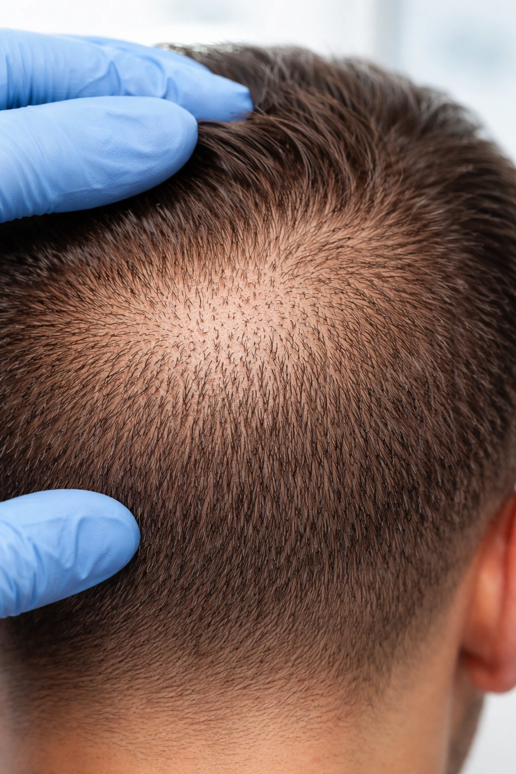 Healthy donor-area scalp with dense follicles under bright clinical light