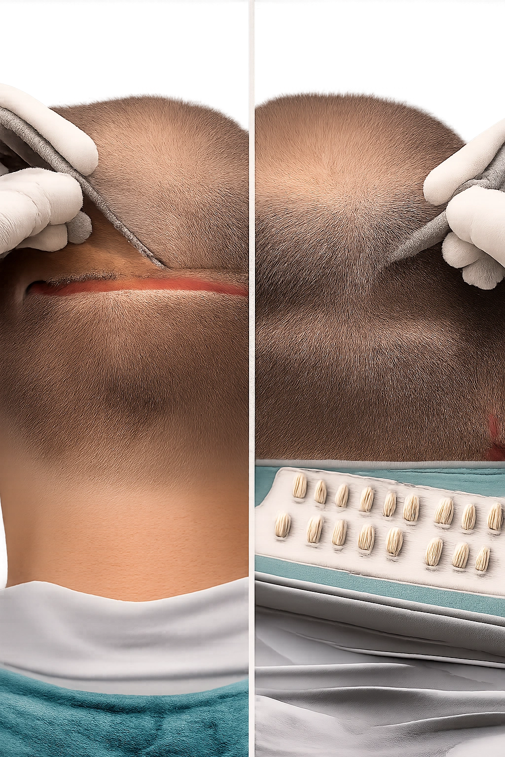 Side-by-side view of donor strip harvesting and follicular unit extraction